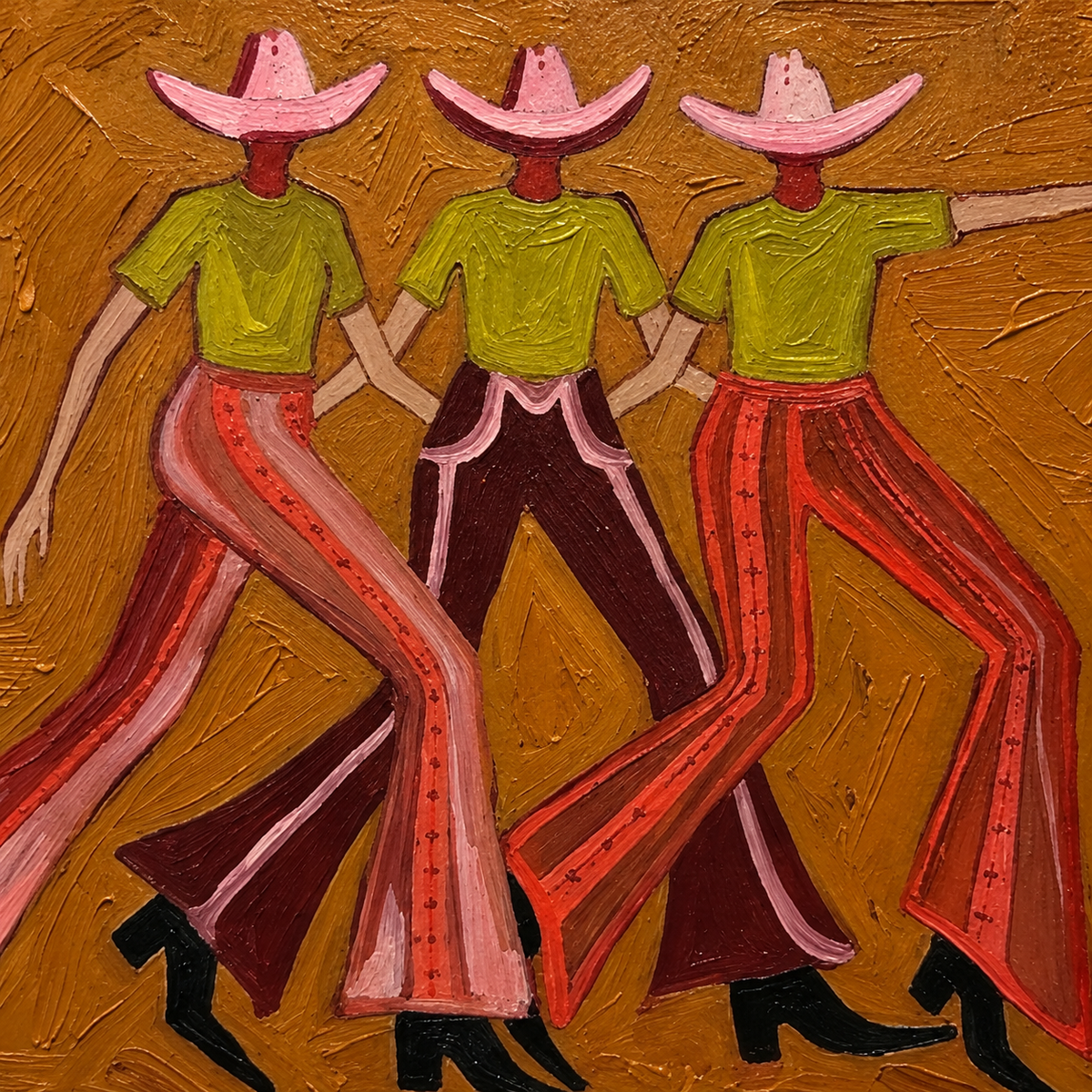 Vintage Cowgirl Painting With Pink Hats And Green Shirts On Canvas