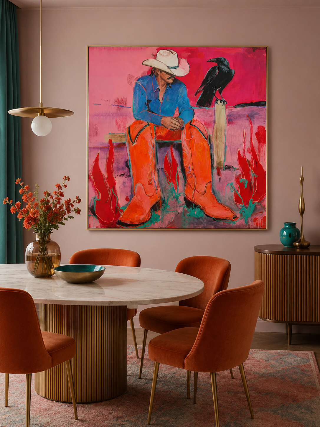 Modern Cowboy Painting With Raven For Living Room Wall Decor Original Art