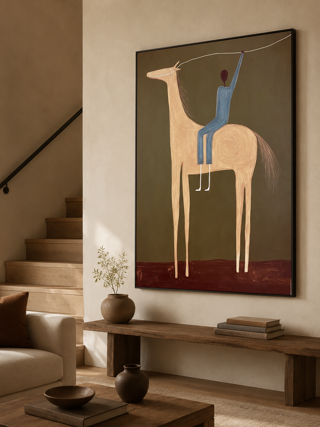 Surreal Horse And Rider Painting Modern Folk Art For Living Room Decor