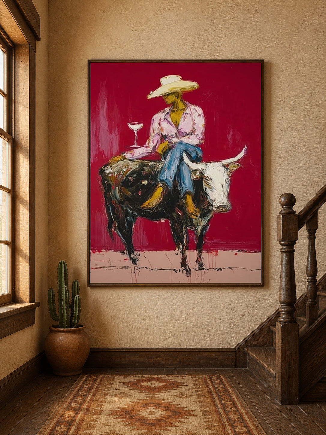 Cowgirl Wall Decor Cowgirl On Longhorn Hand-Painted Oil Painting In Deep Red | Western Wall Art