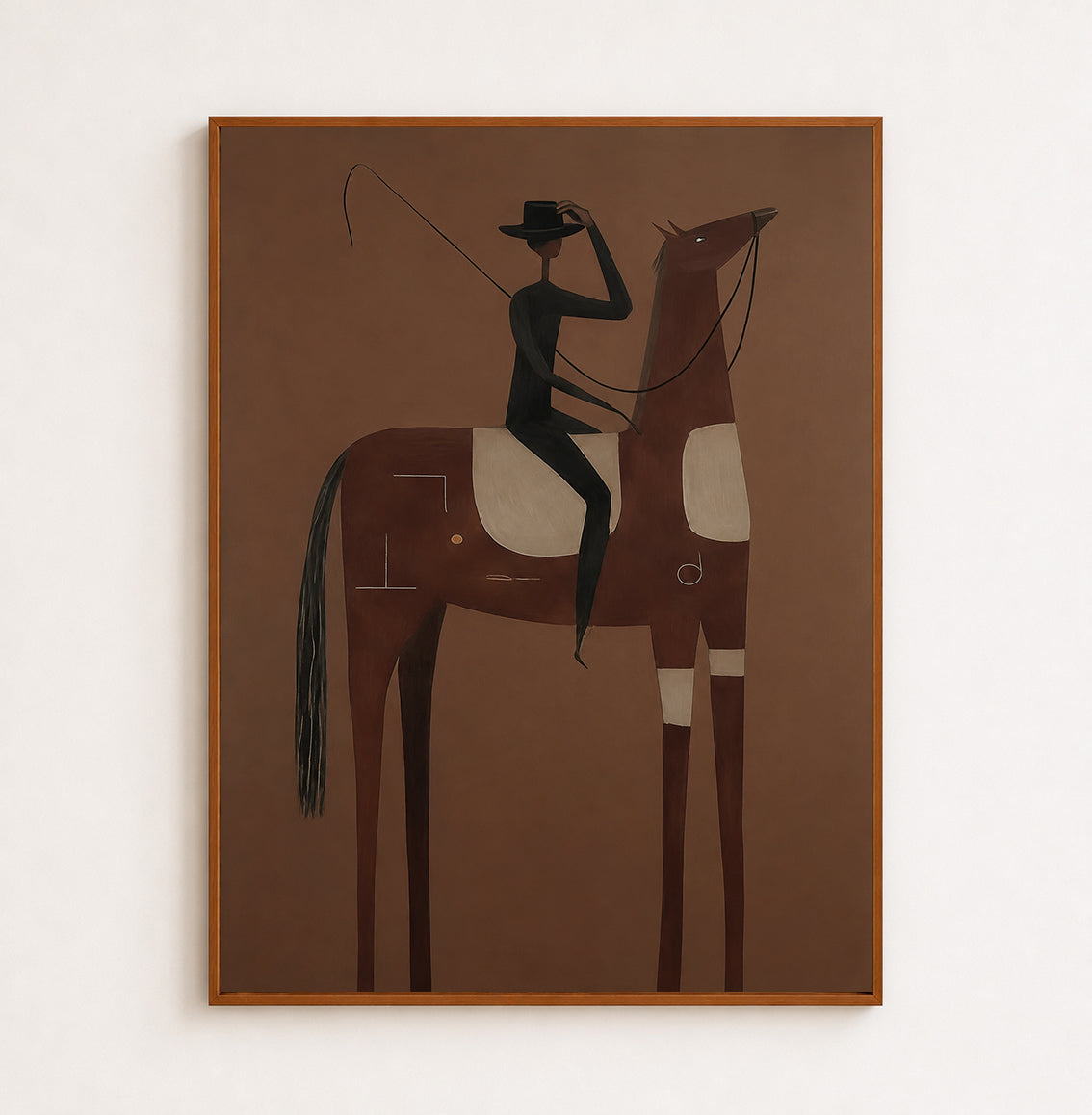 Minimalist Brown Horse Painting With Rider For Living Room Decor