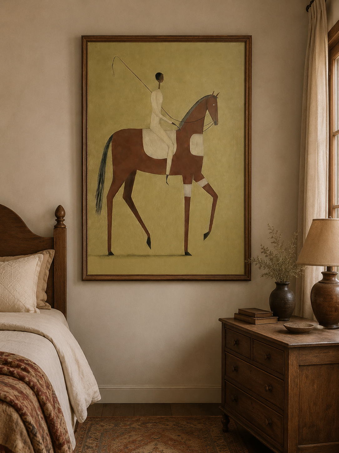 Wabi Sabi Style Rider On Horse Art Original Oil Painting With Olive Background