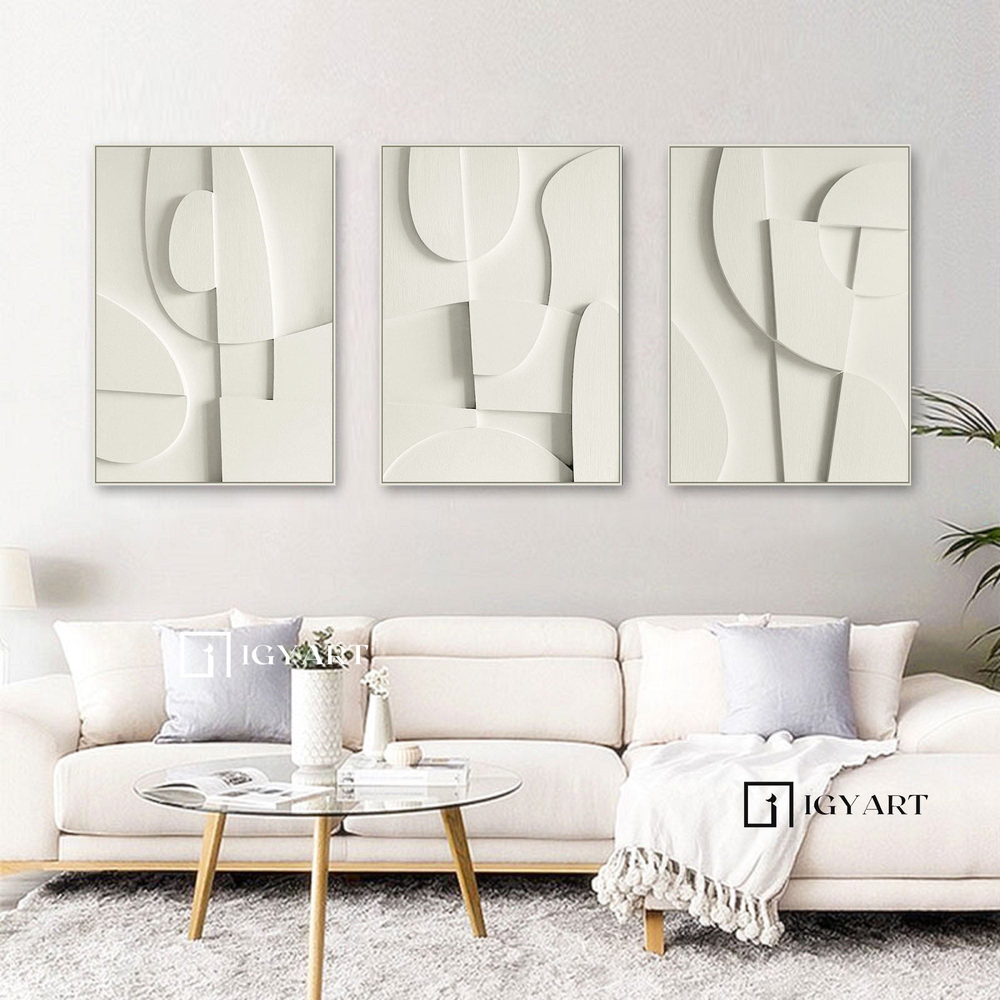 Set of 3 White Sculptured art Painting Set of 3 white textured Sculptured wall art Set of 3 white Wood carving wall art