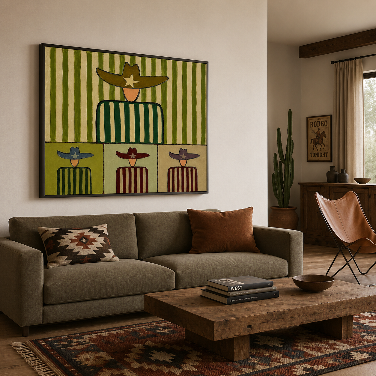 Whimsical Western Folk Art Painting With Cowboy Figures In Green Stripes For Modern Home Decor