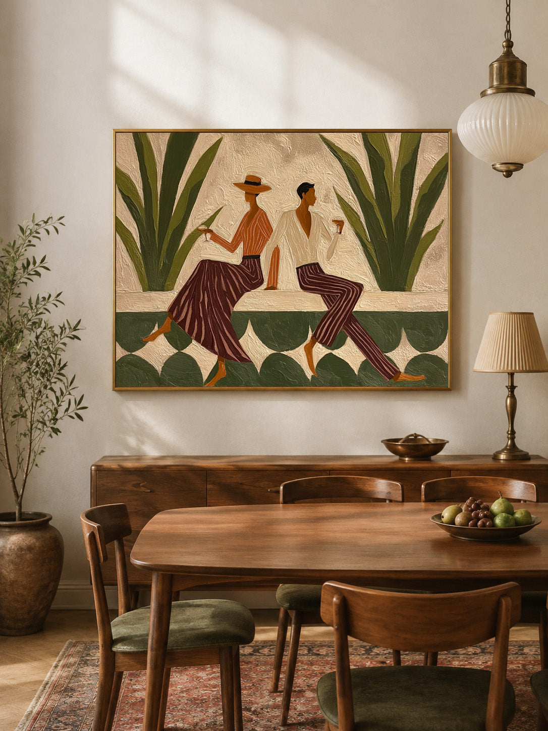 Vintage Figure Painting With Agave Plants Hand-Painted Canvas Art Olive Green Wall Art For Modern Living Room