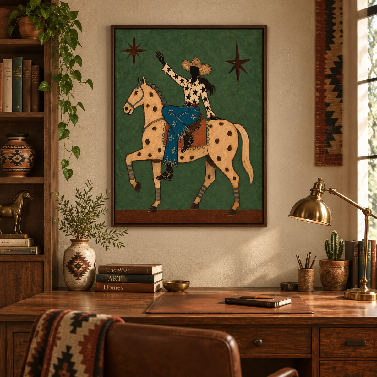 Cowgirl And Horse Canvas Painting With Star Pattern In Green
