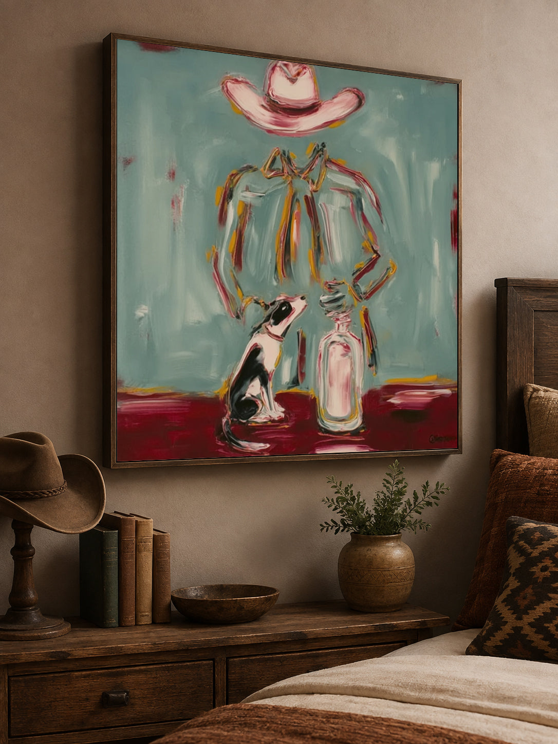 Whimsical Cowboy And Dog Canvas Art, Pink Hat Western Wall Decor, Teal Countryside Painting