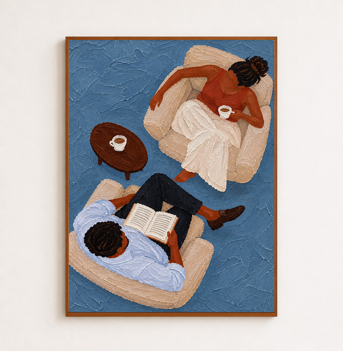 Couple Reading With Coffee Hand-Painted Canvas Art In Blue And Brown Tones