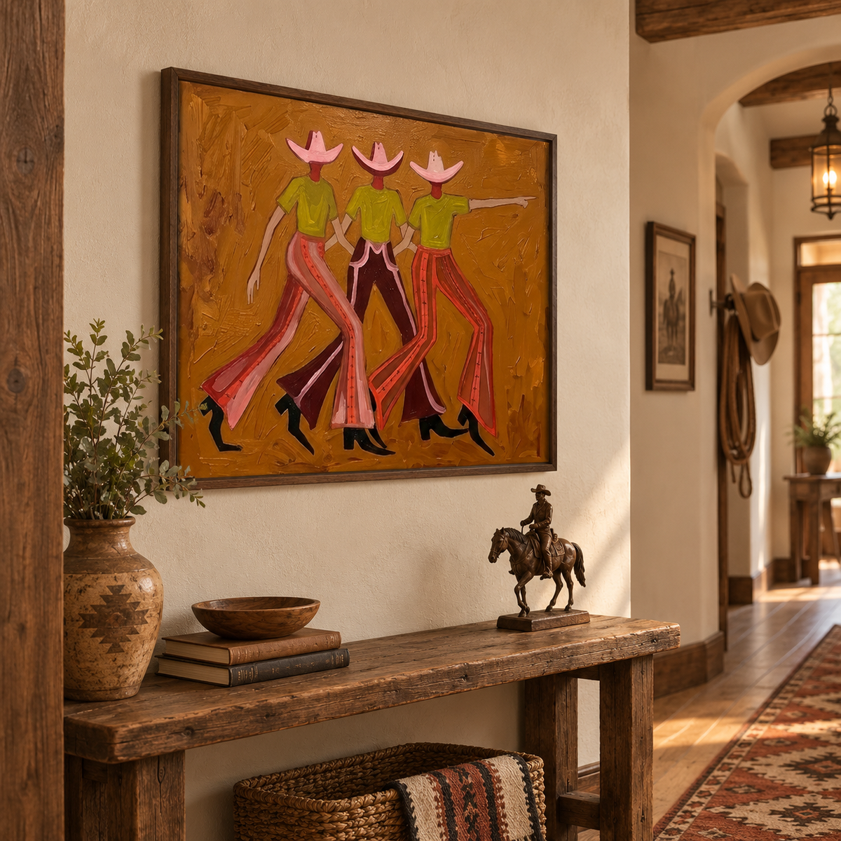 Vintage Cowgirl Painting With Pink Hats And Green Shirts On Canvas