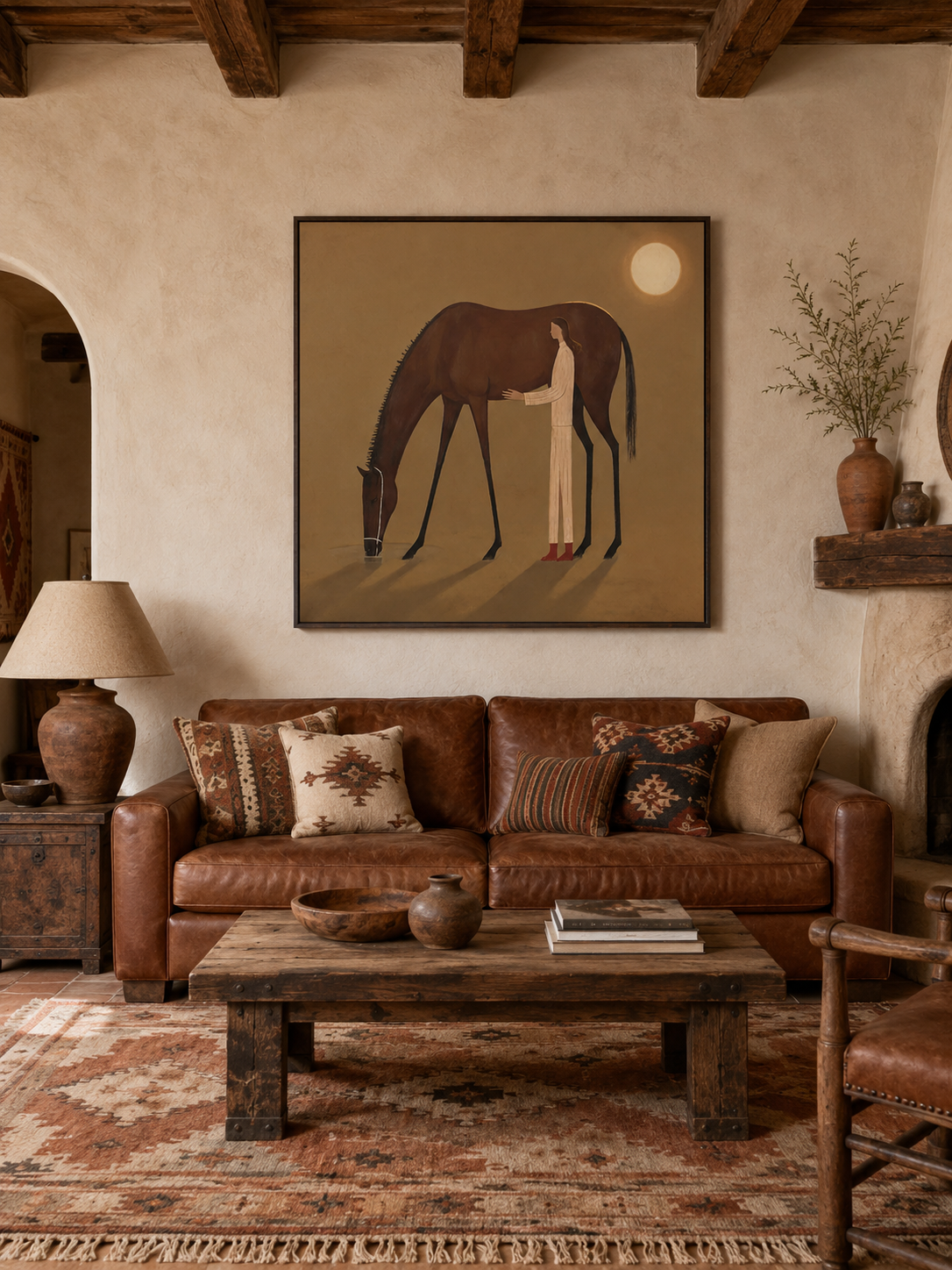 Wabi Sabi Girl And Horse Painting With Moonlight Earth Tones For Cozy Living Room Decor