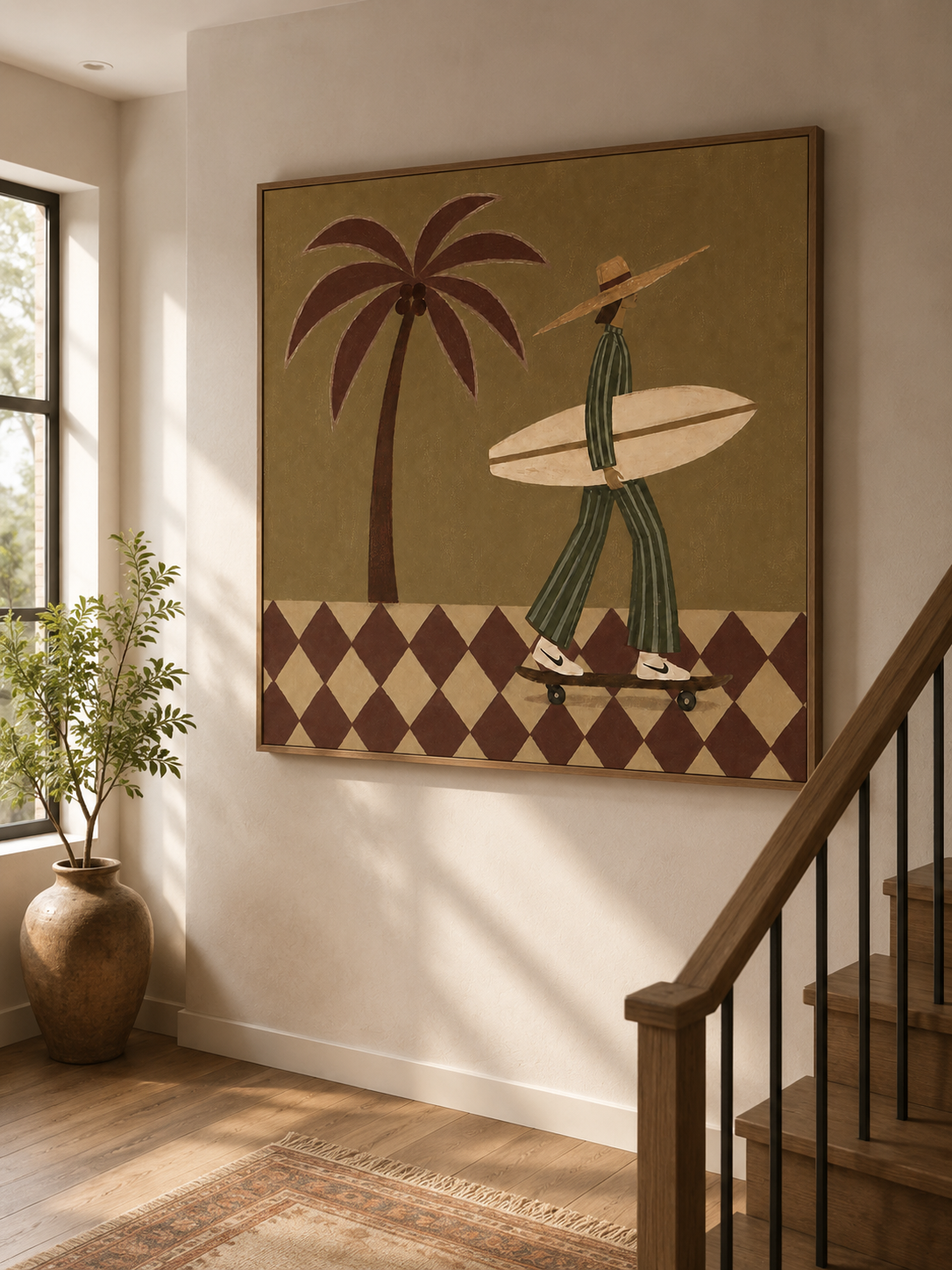 Vintage Surfer Girl Painting With Palm Tree And Checkerboard Pattern For Modern Home Decor