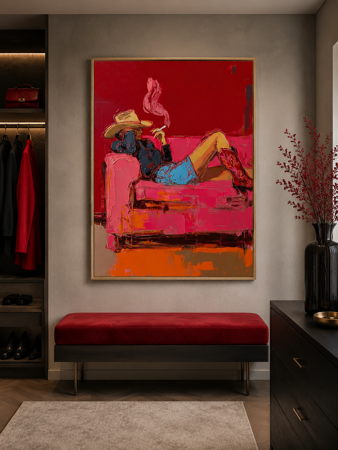 Modern Western Art Painting Of Cowgirl Smoking In Red For Living Room Decor