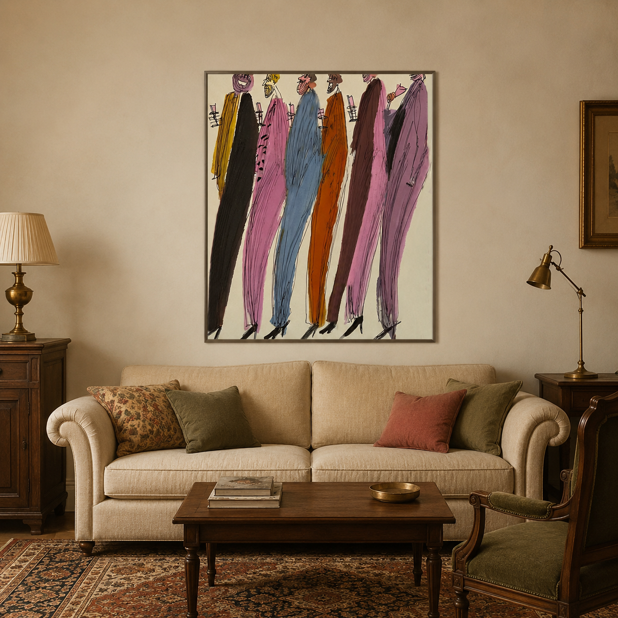 Abstract Figurative Painting Of Colorful Party People In Square Canvas For Modern Home Decor