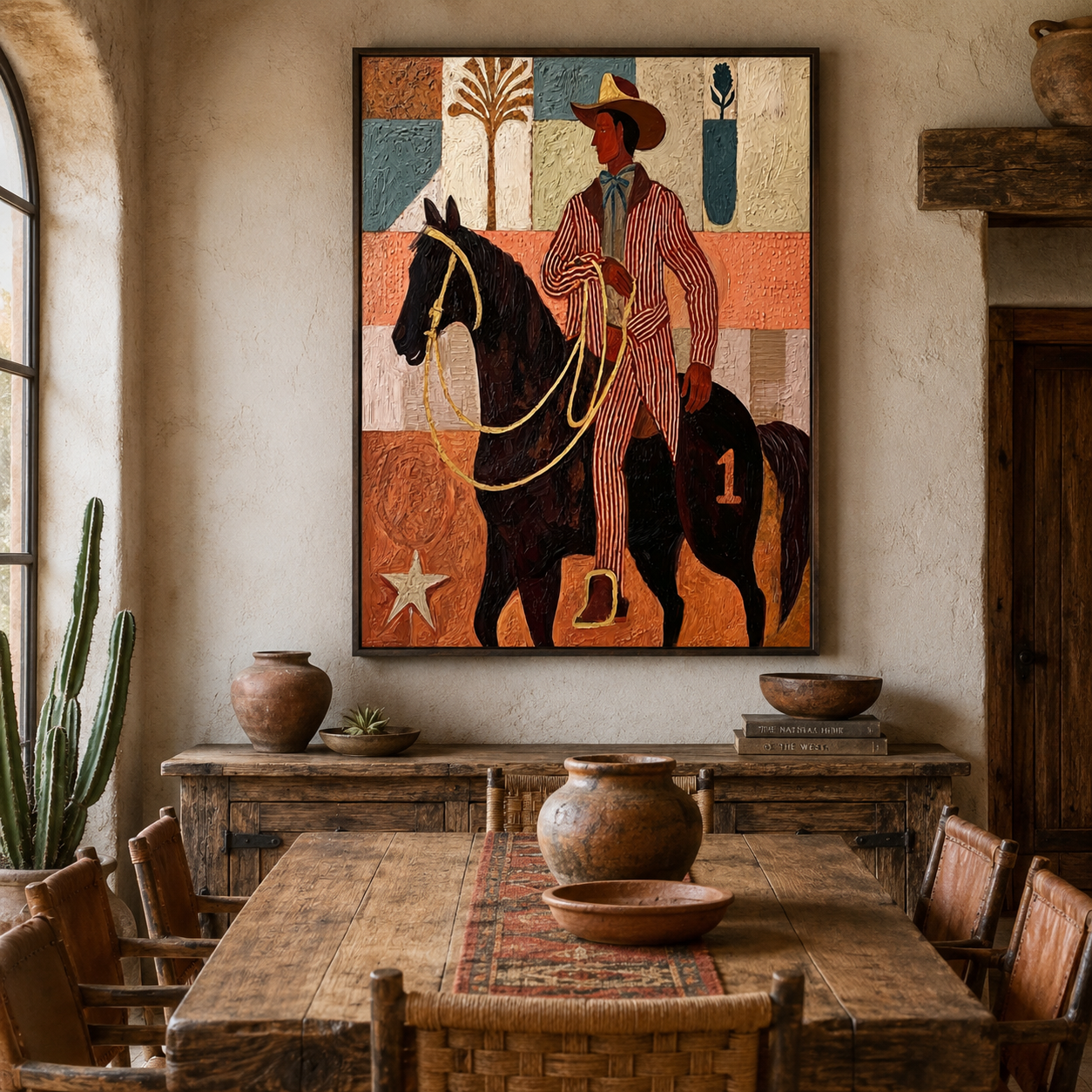 Vintage Cowboy Painting On Horse With Textured Canvas For Western Home Decor