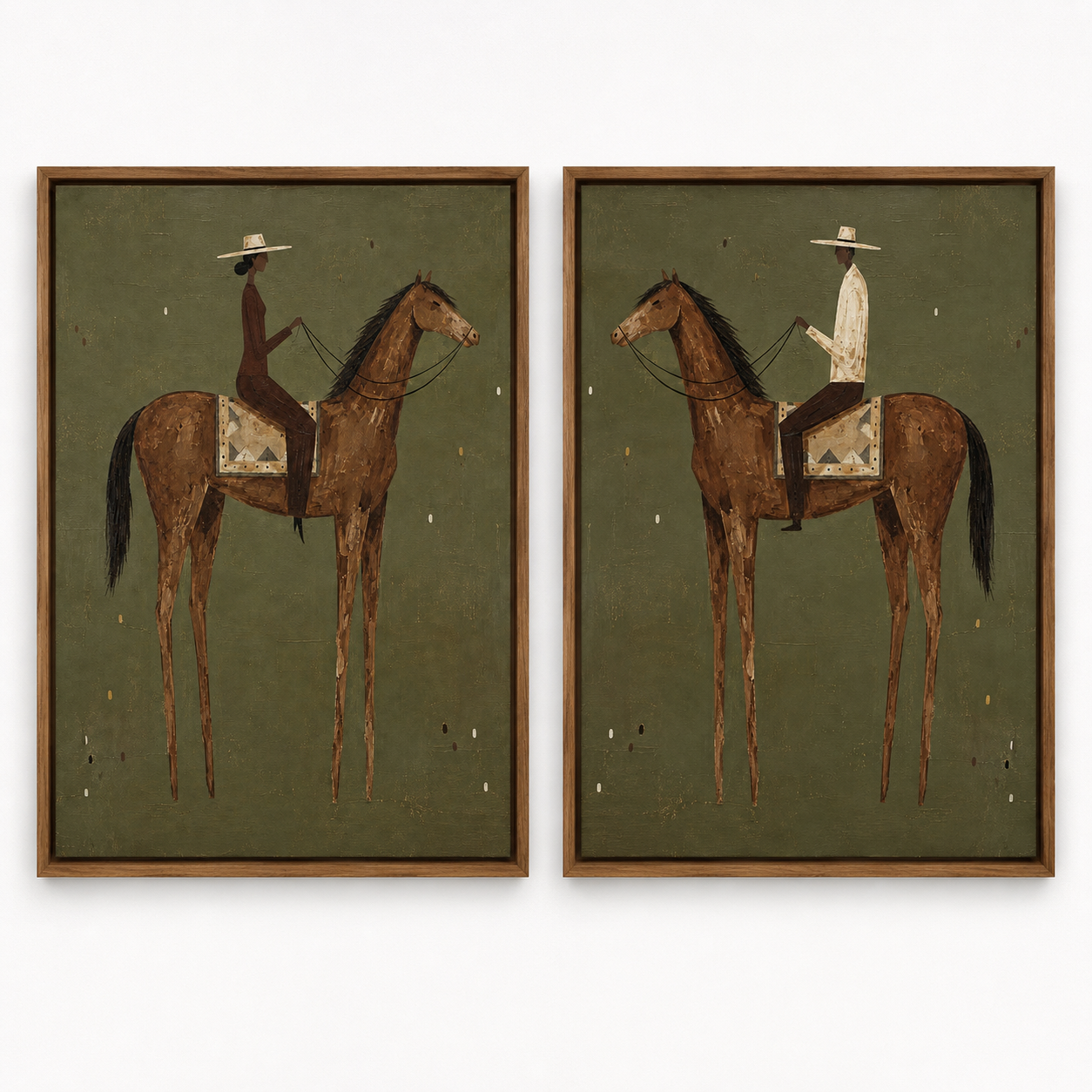 Vintage Equestrian Diptych With Green Background And Brown Horses Original Oil Painting Set Of Two
