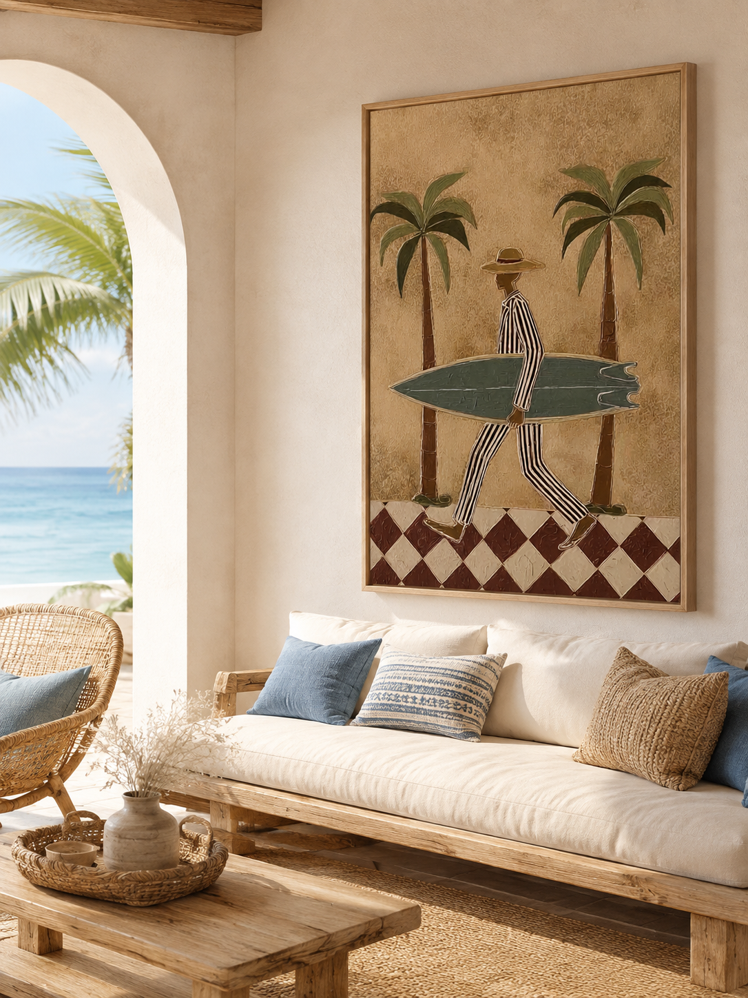 Vintage Surf Art With Brown Checkered Floor And Green Board For Beach Home Decor