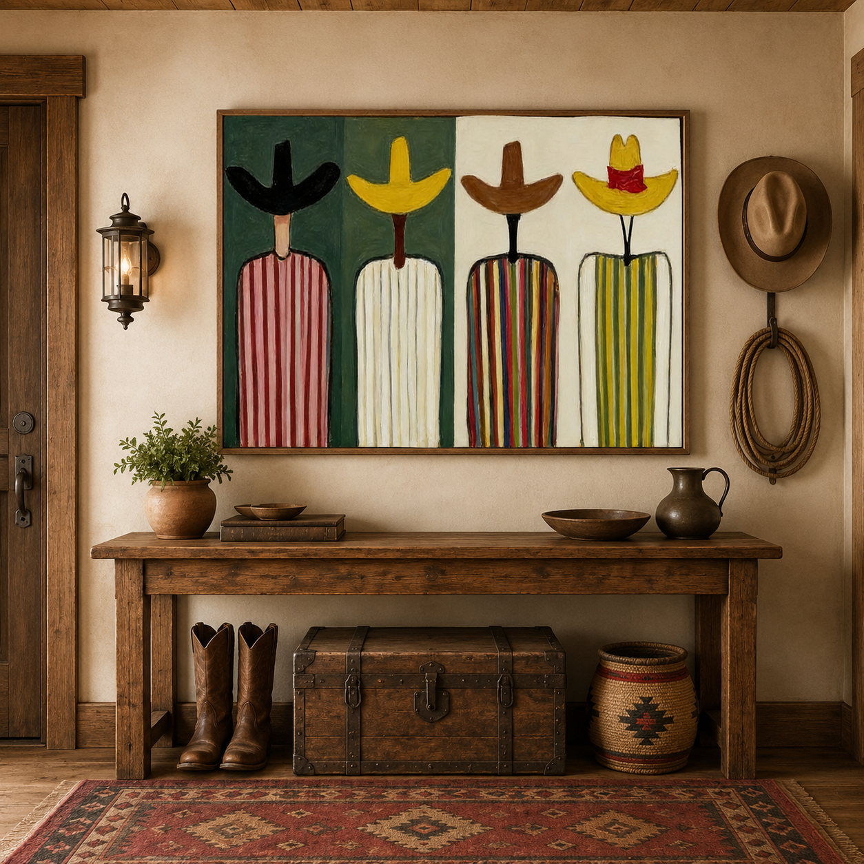 Retro Folk Art Painting Abstract Figures In Striped Hats For Modern Home Decor