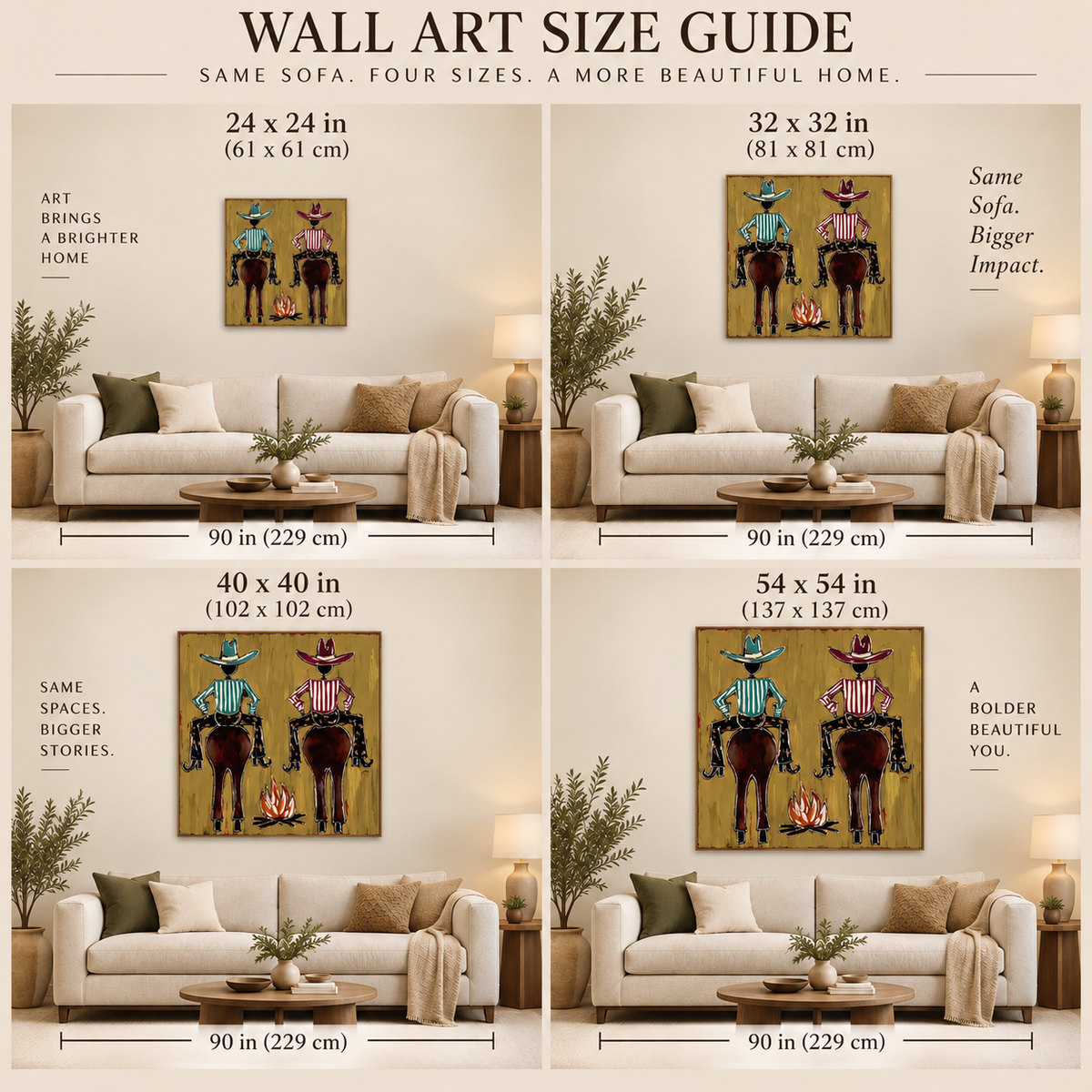 Hand-Painted Cowboy And Horse Canvas Painting With Campfire In Brown And Gold