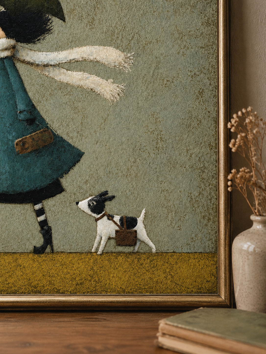 Whimsical Girl With Dog Umbrella Painting Textured Teal Green Wall Art For Nursery