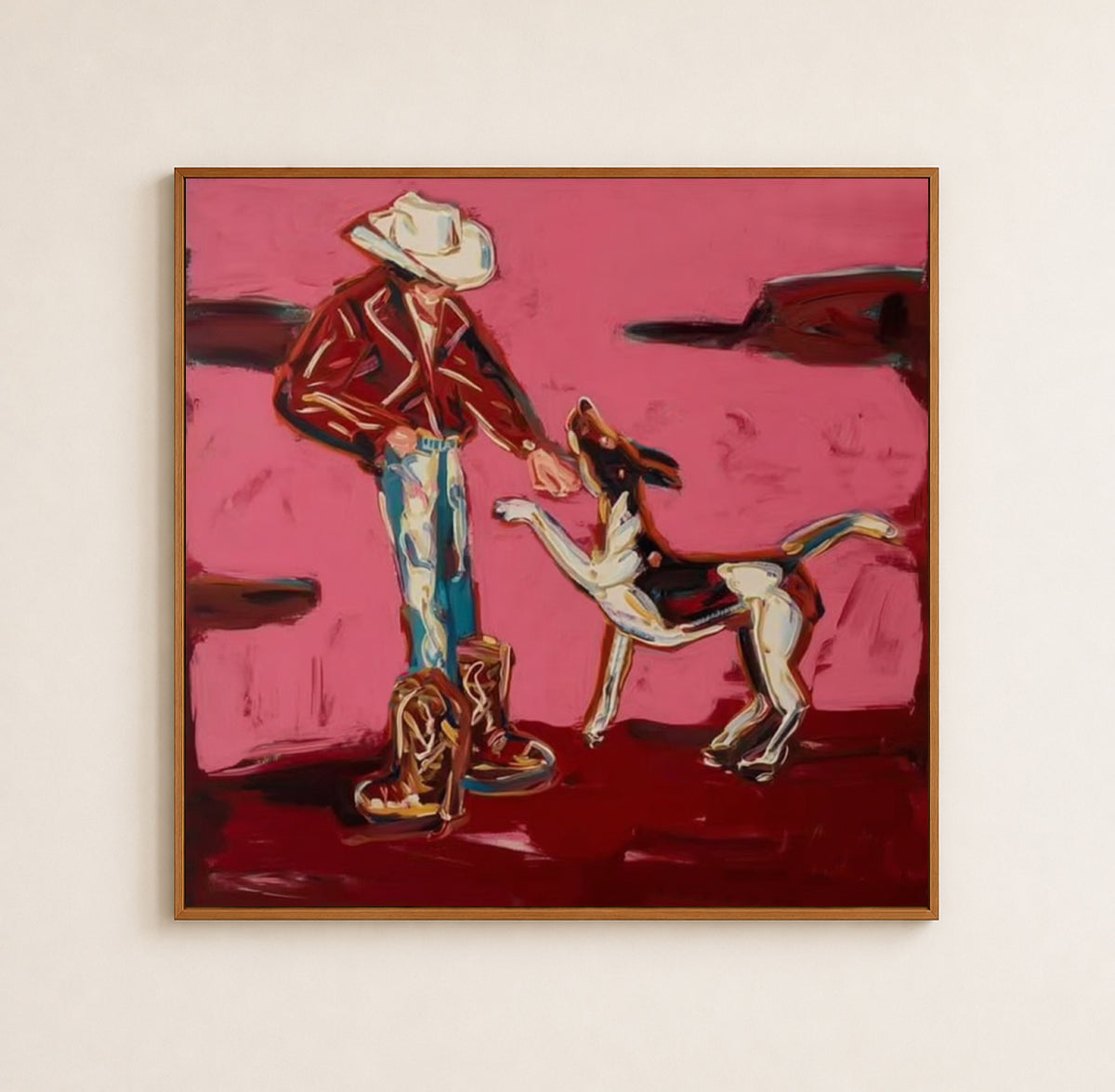 Hand-Painted Cowboy And Dog Canvas Painting In Pink Red Tones Whimsical Puppy Painting