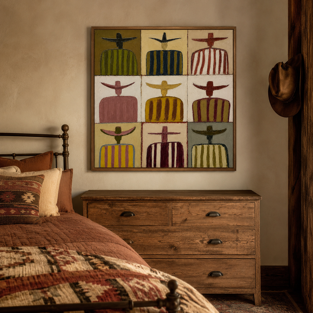 Sombrero Family Portrait Painting In Earthy Tones For Rustic Living Room Decor