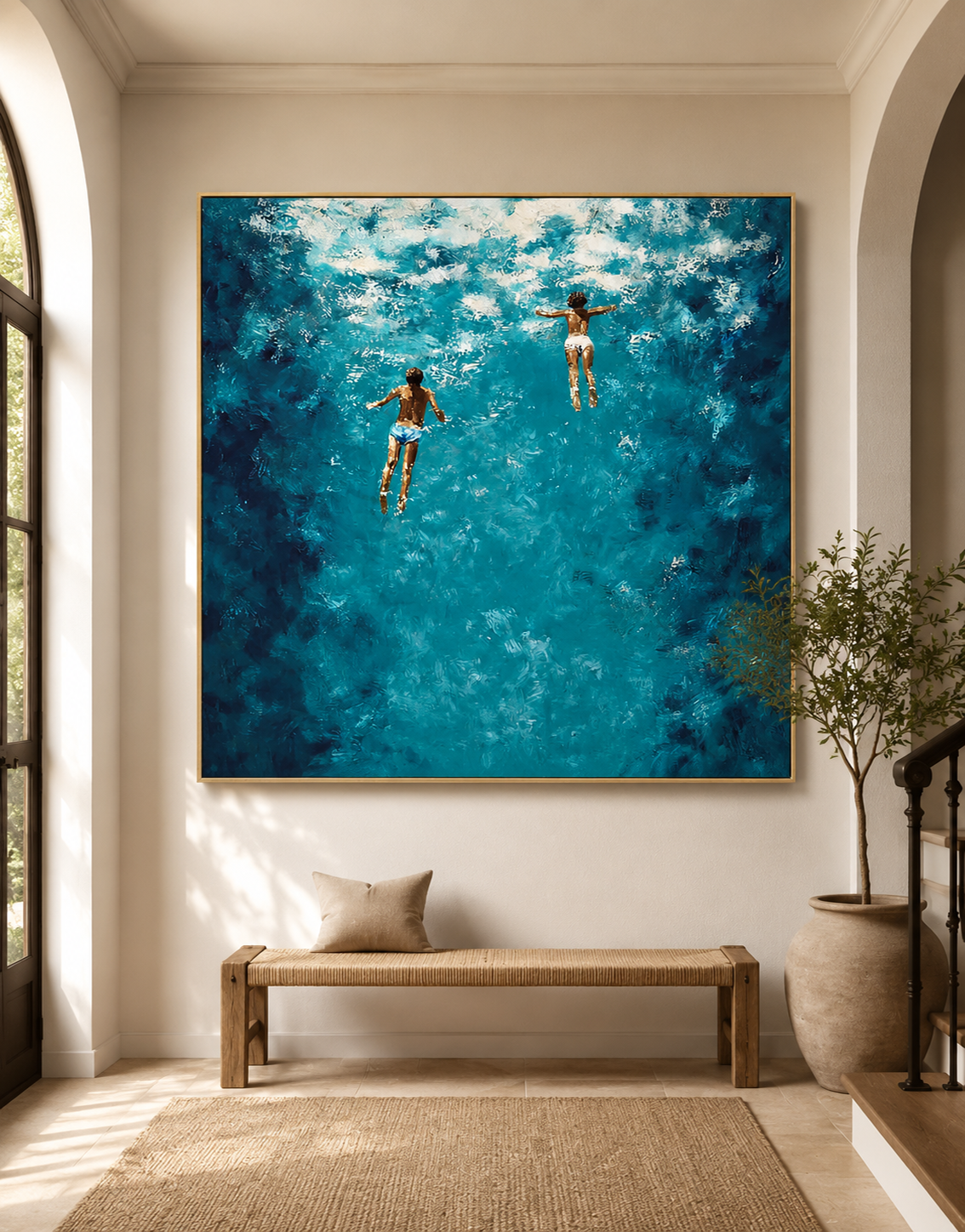 Hand Painted Ocean Oil Painting With Swimmers In Blue Water For Coastal Home Decor