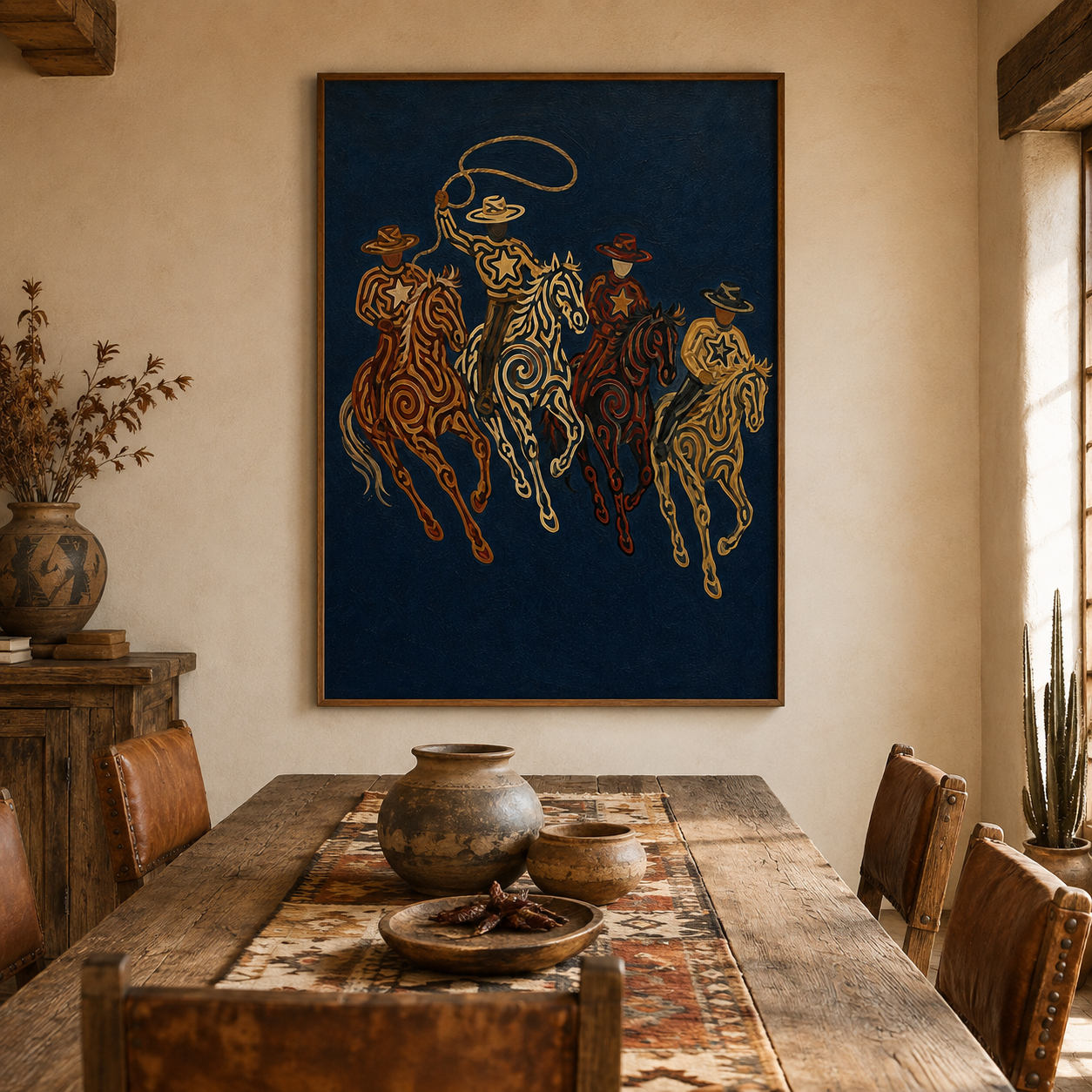 Navy Western Cowboy Oil Painting, Lasso Horse Wall Art, Southwestern Rodeo Hand Painted Decor
