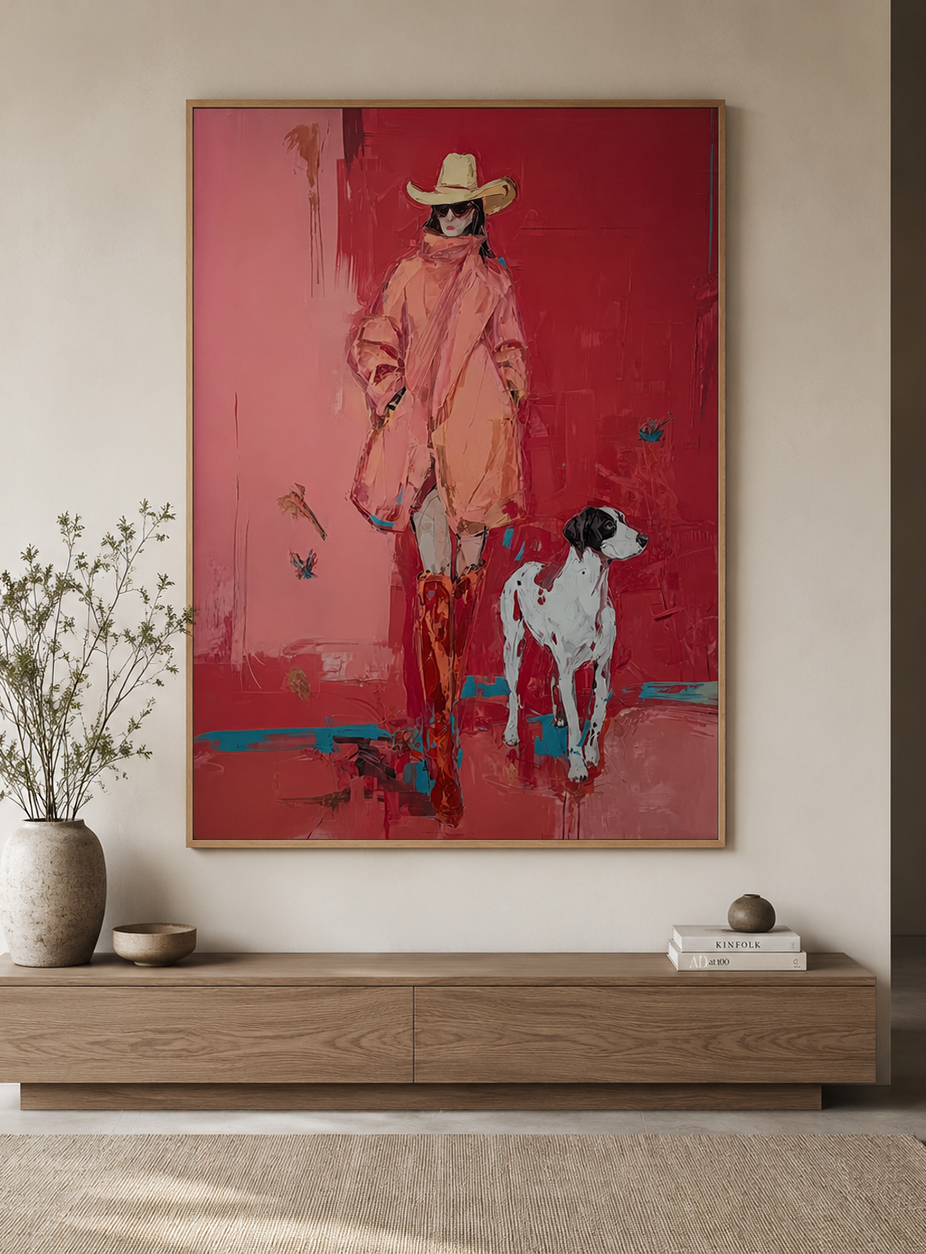 Bold Red Fashion Figure With Dog Original Oil Painting For Modern Home Decor