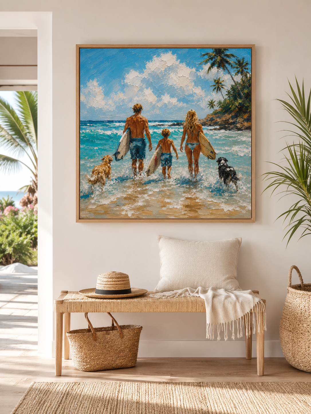 Summer Seaside Landscape Art Family Beach Surfing Painting With Dogs For Coastal Home Decor