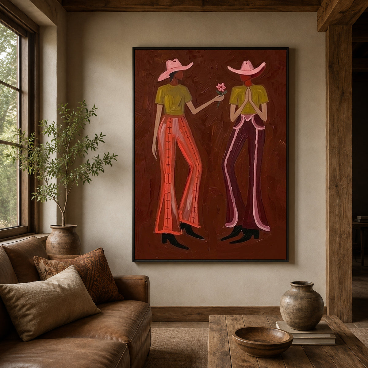 Cowgirl Flower Canvas Art, Retro Western Friendship Wall Decor, Dark Brown Aesthetic Painting