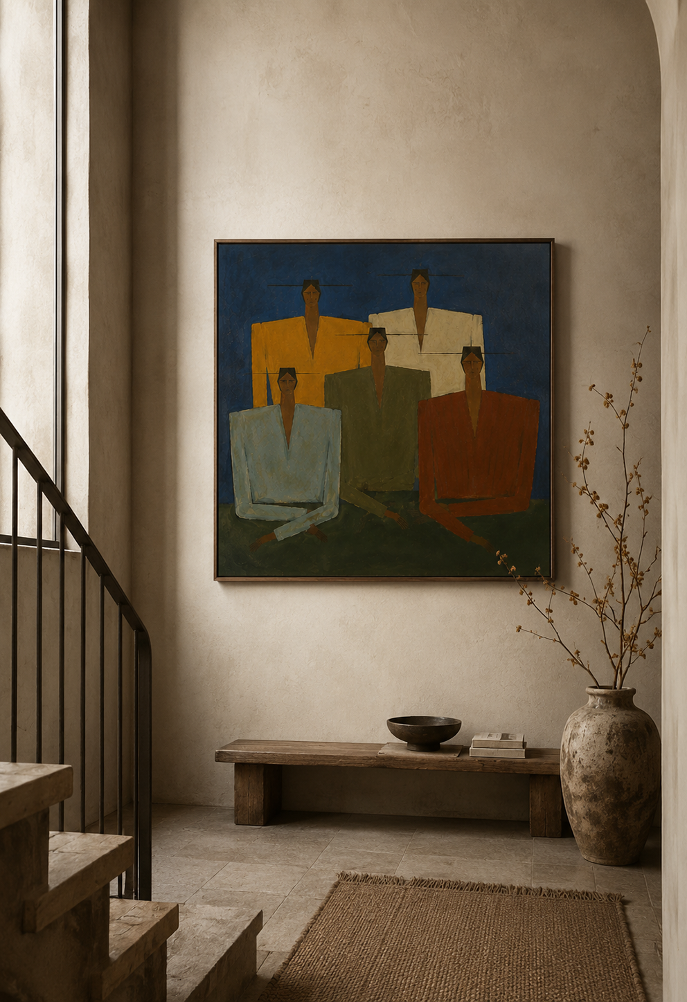 Wabi Sabi Figurative Art Painting With Geometric People In Blue Green Tones For Modern Living Room Decor