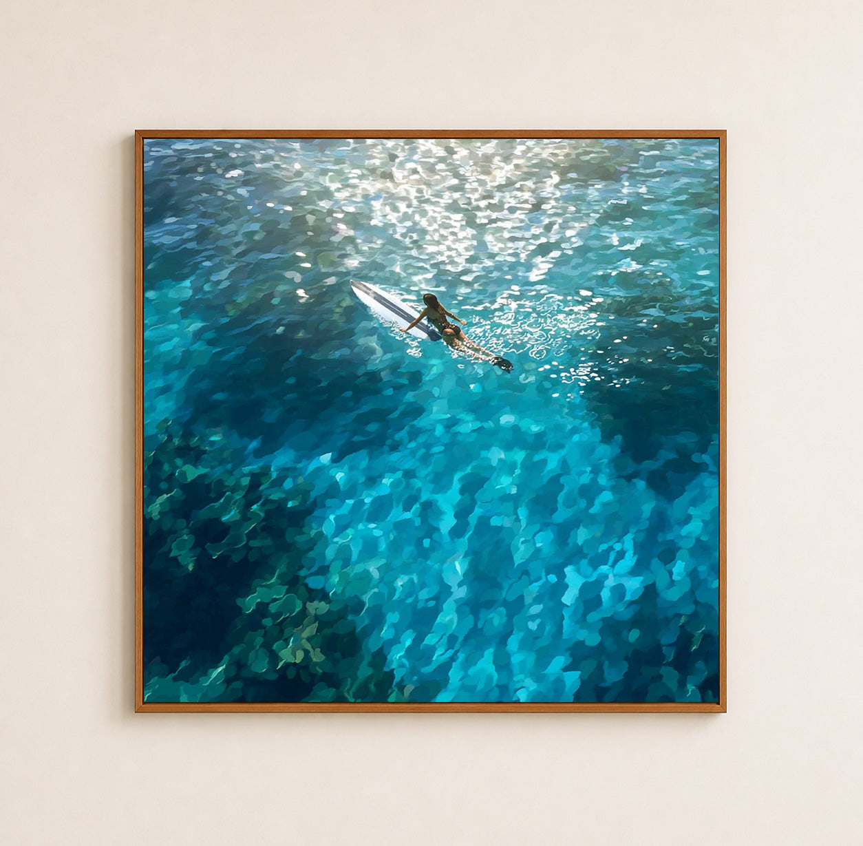 Hand Painted Ocean Swimmer Art For Modern Coastal Living Room Wall Decor Blue