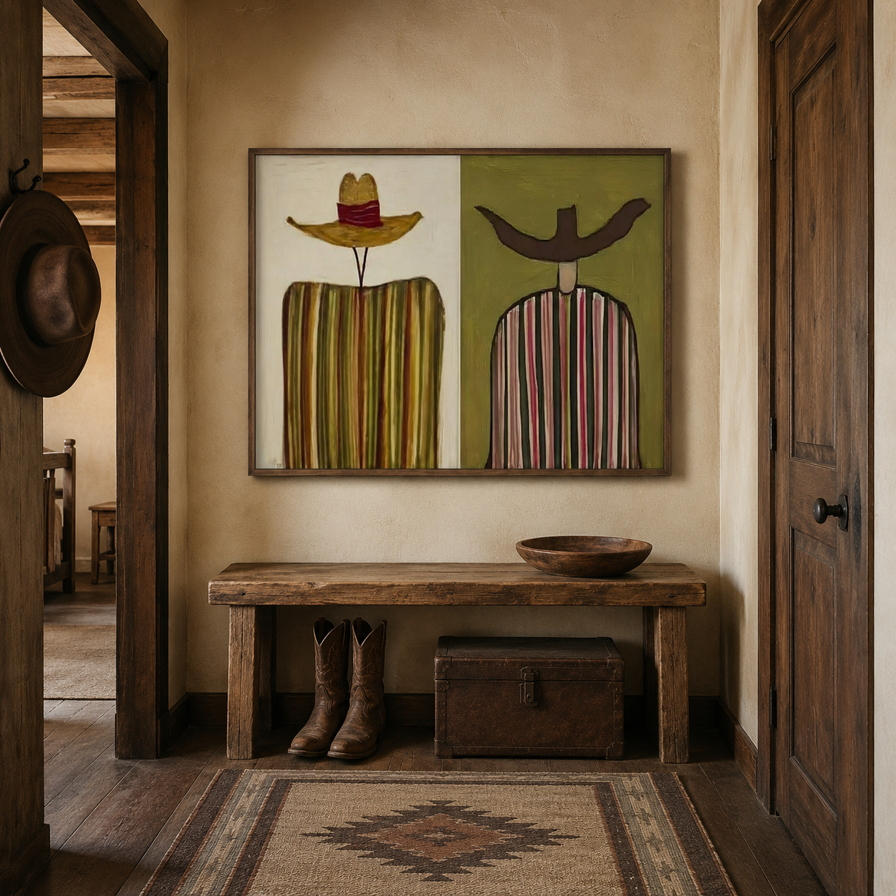 Rustic Figurative Art With Striped Men In Green And Brown For Living Room Decor