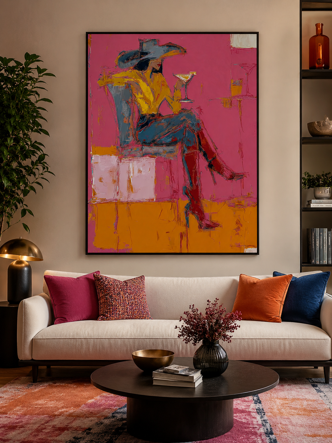 Bold Figurative Oil Painting Of Woman In Hat With Expressive Brushstrokes For Home Wall