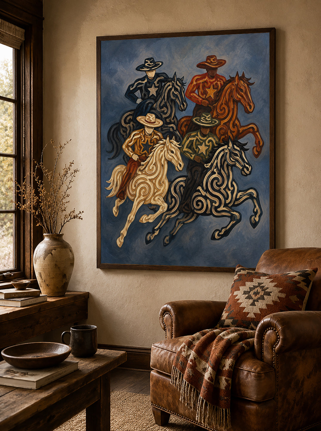 Cowboy And Horse Painting Hand-Painted Navy Blue Western Canvas Art