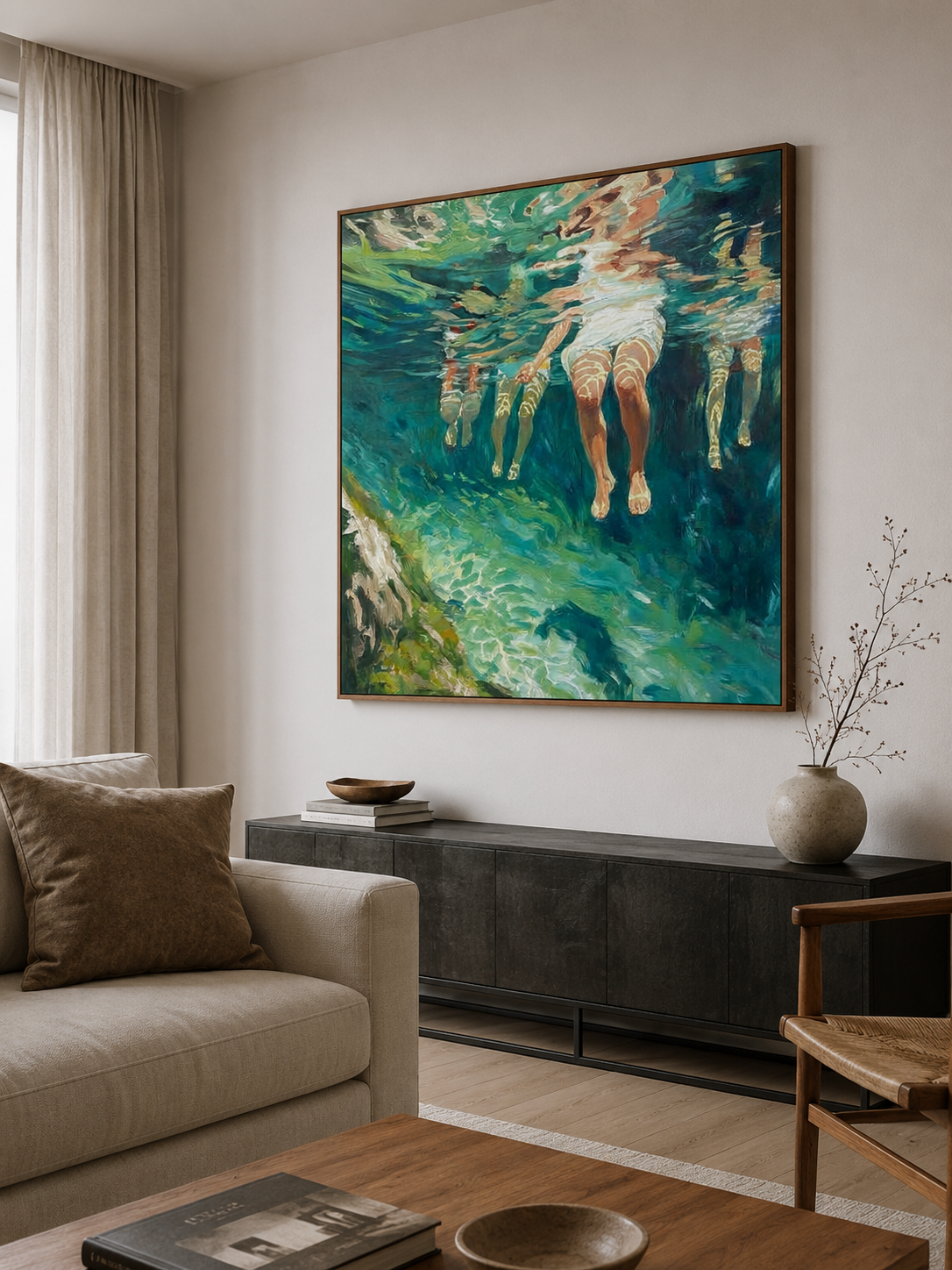 Summer Swimming Oil Painting For Beach House Living Room Wall Decor Art