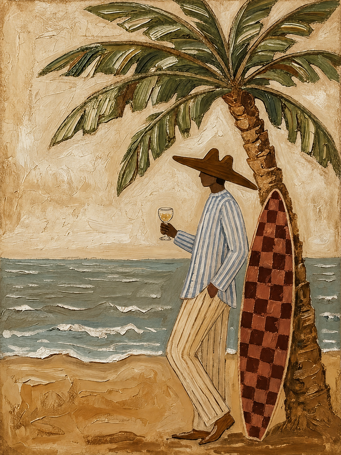 Textured Beach Canvas Art With Palm Tree And Surfer For Coastal Living Room Decor
