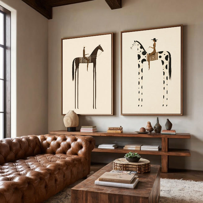 Modern Minimalist Horse Painting Set Beige And Brown Abstract Animal Art For Living Room