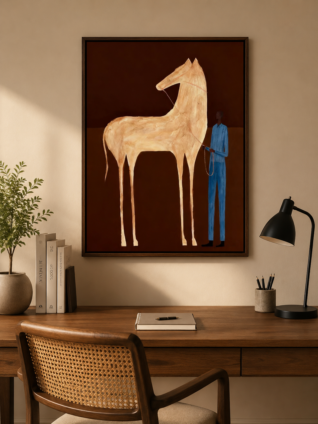 Vintage Horse Artwork Elongated Figure Painting Brown Beige Wall Decor