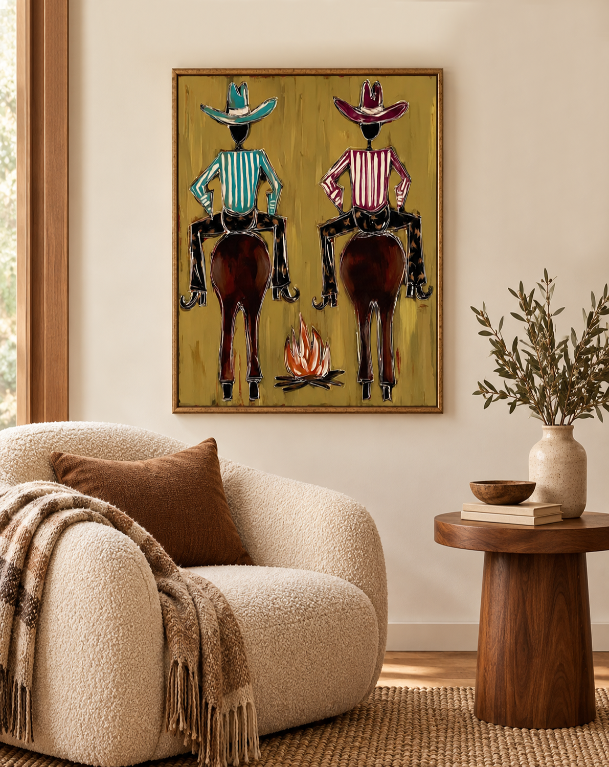 Hand-Painted Cowboy And Horse Canvas Painting With Campfire In Brown And Gold