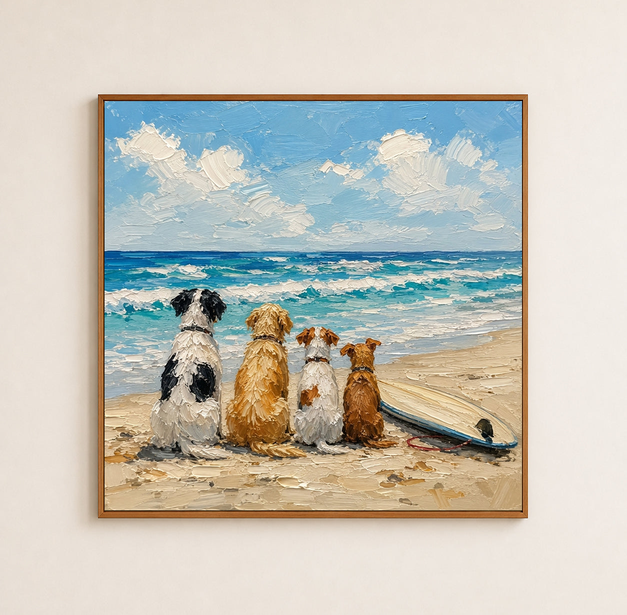 Hand Painted Dogs Watching Ocean Waves Impasto Beach Art For Dog Owners Gift