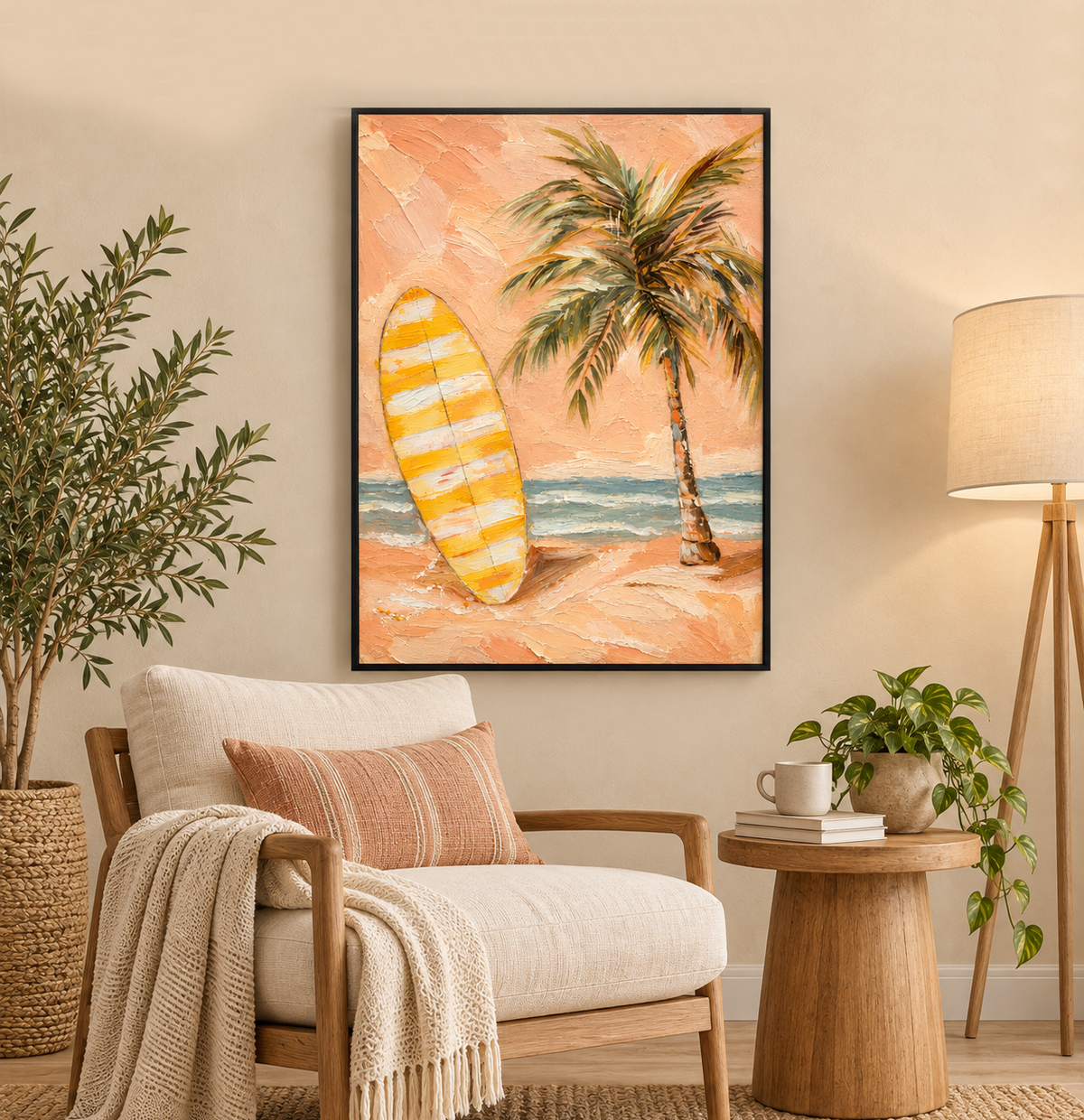Tropical Surfboard Wall Art, Peach Beach Oil Painting, Palm Tree Textured Canvas