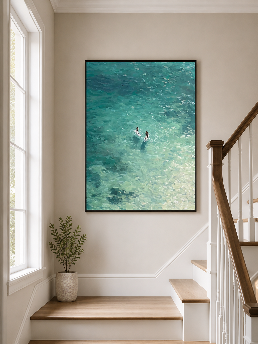 Turquoise Paddleboard Oil Painting For Beach House Living Room Wall Art Decor