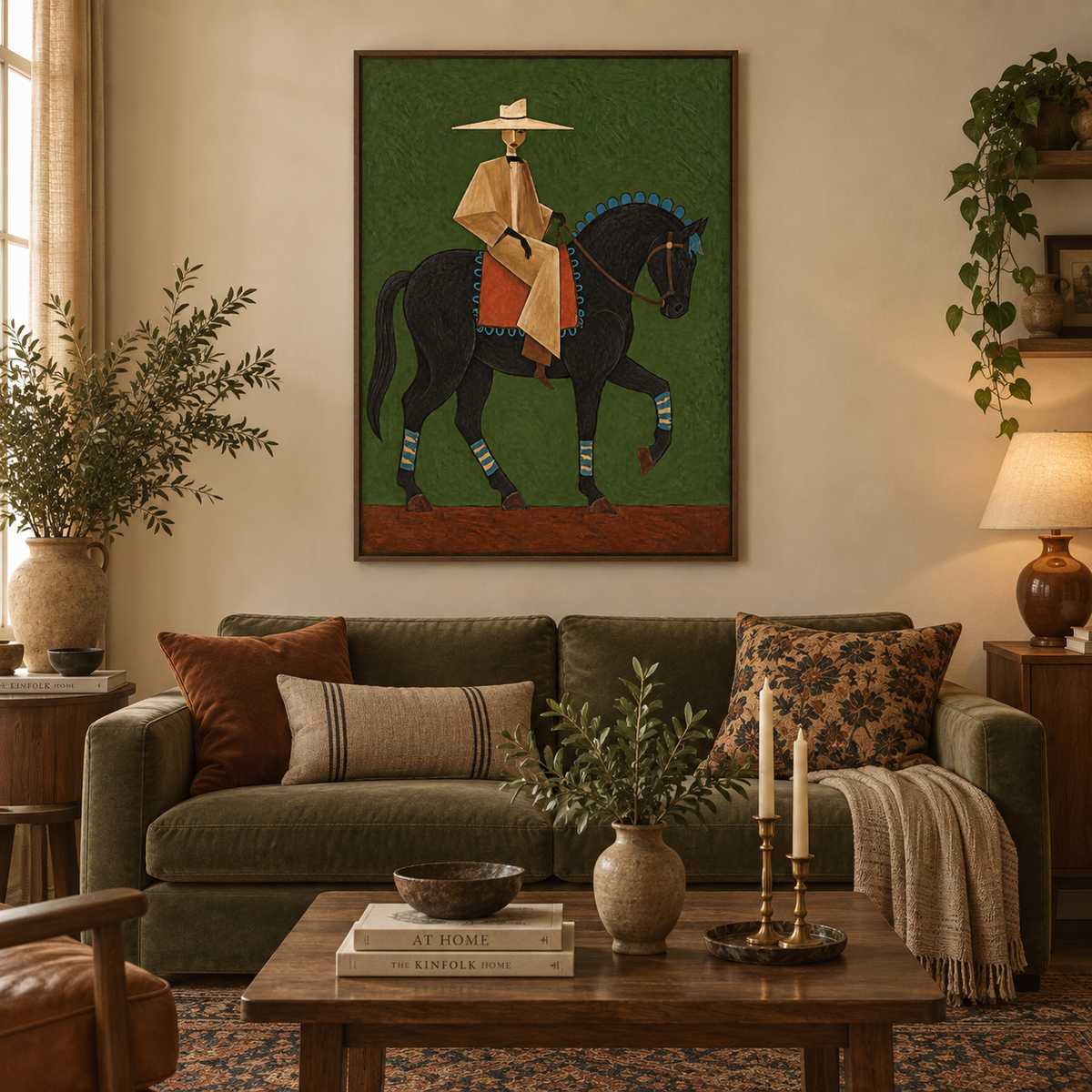 Green Background Fine Art Vintage Cowboy And Horse Canvas Painting Gentleman On Black Horse Canvas Art