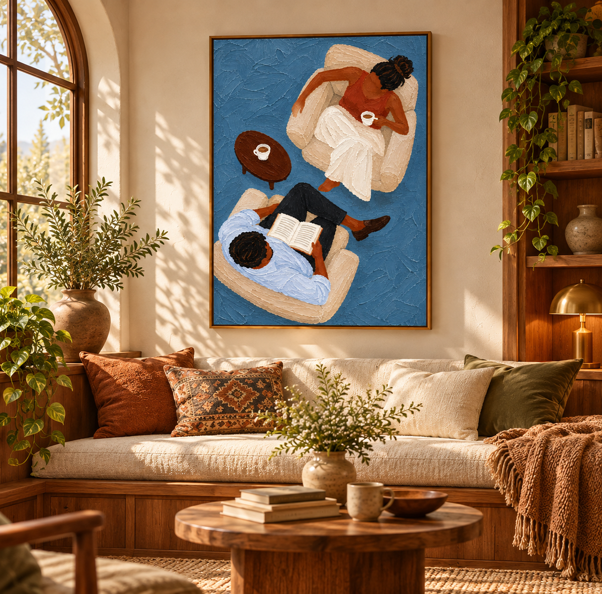 Couple Reading With Coffee Hand-Painted Canvas Art In Blue And Brown Tones