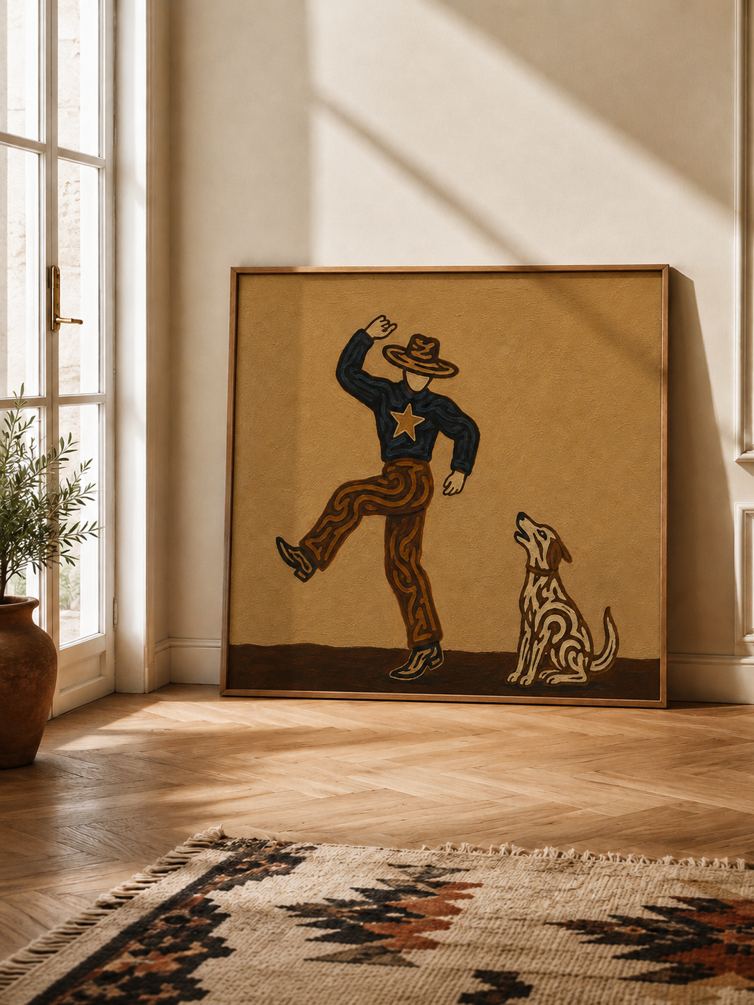 Dancing Cowboy And Dog Painting Retro Western Decor For Living Room