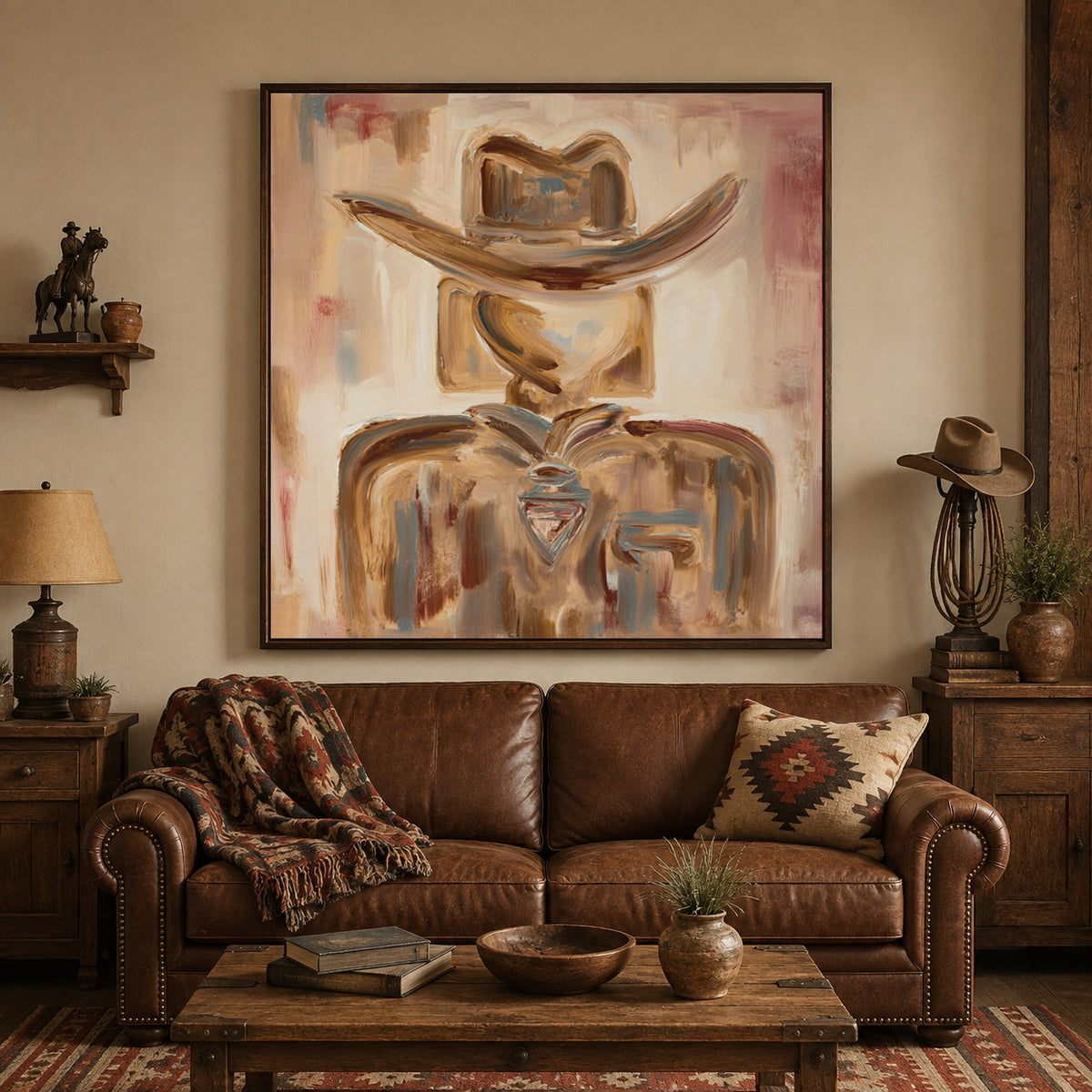 Abstract Cowboy Portrait Canvas Painting In Earthy Brown Tones
