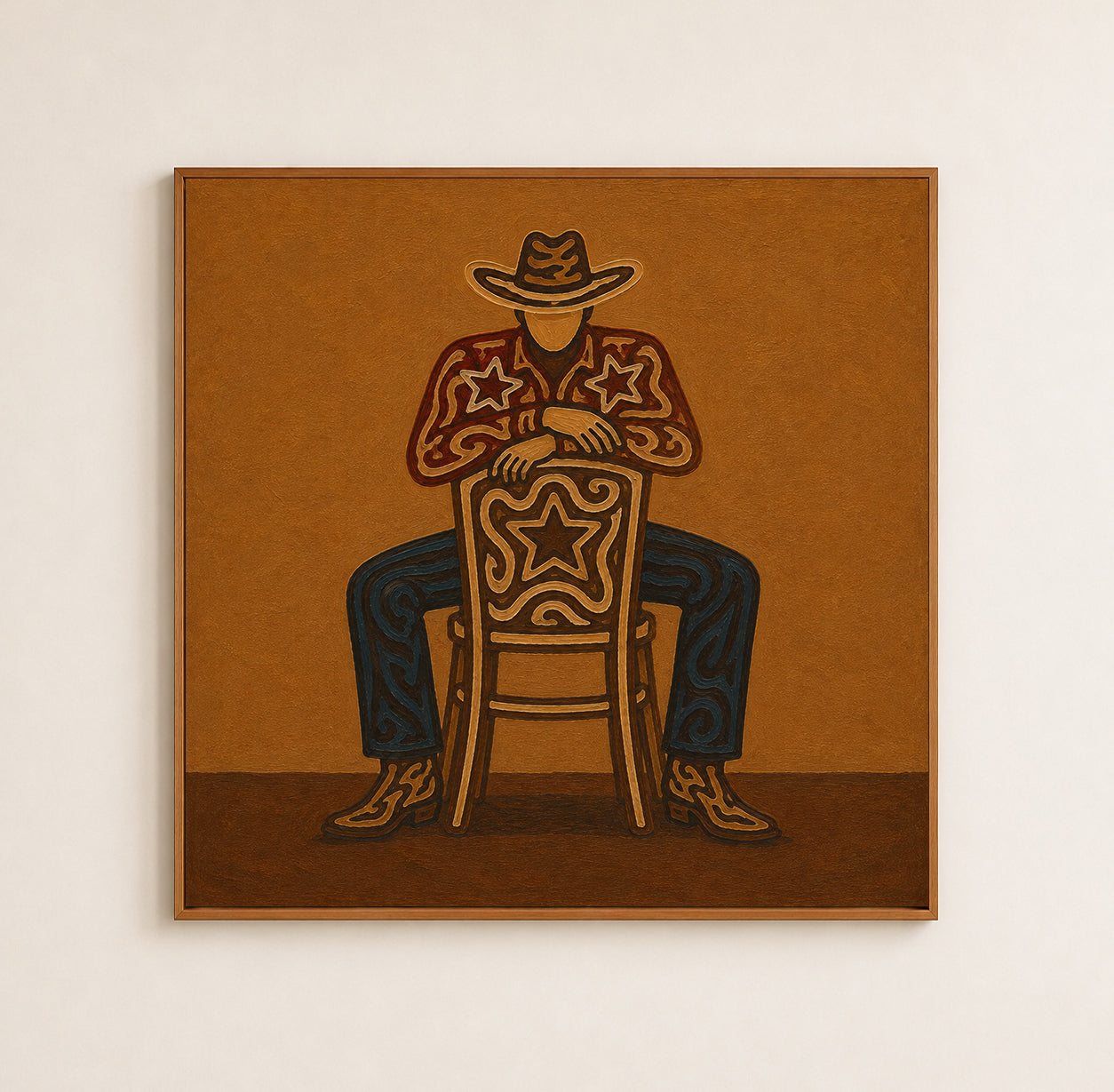 Cowboy Sitting On Chair Art, Bold Western Wall Decor, Minimalist Cowboy Painting, Warm Tone Western Art