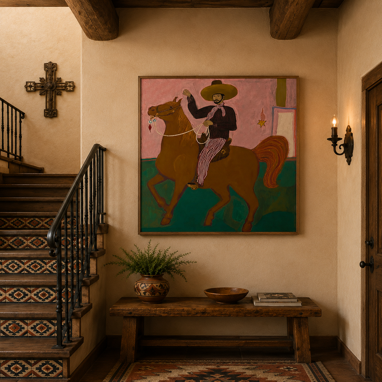 Vintage Southwestern Cowboy Horse Painting Original Folk Art Canvas For Living Room Decor