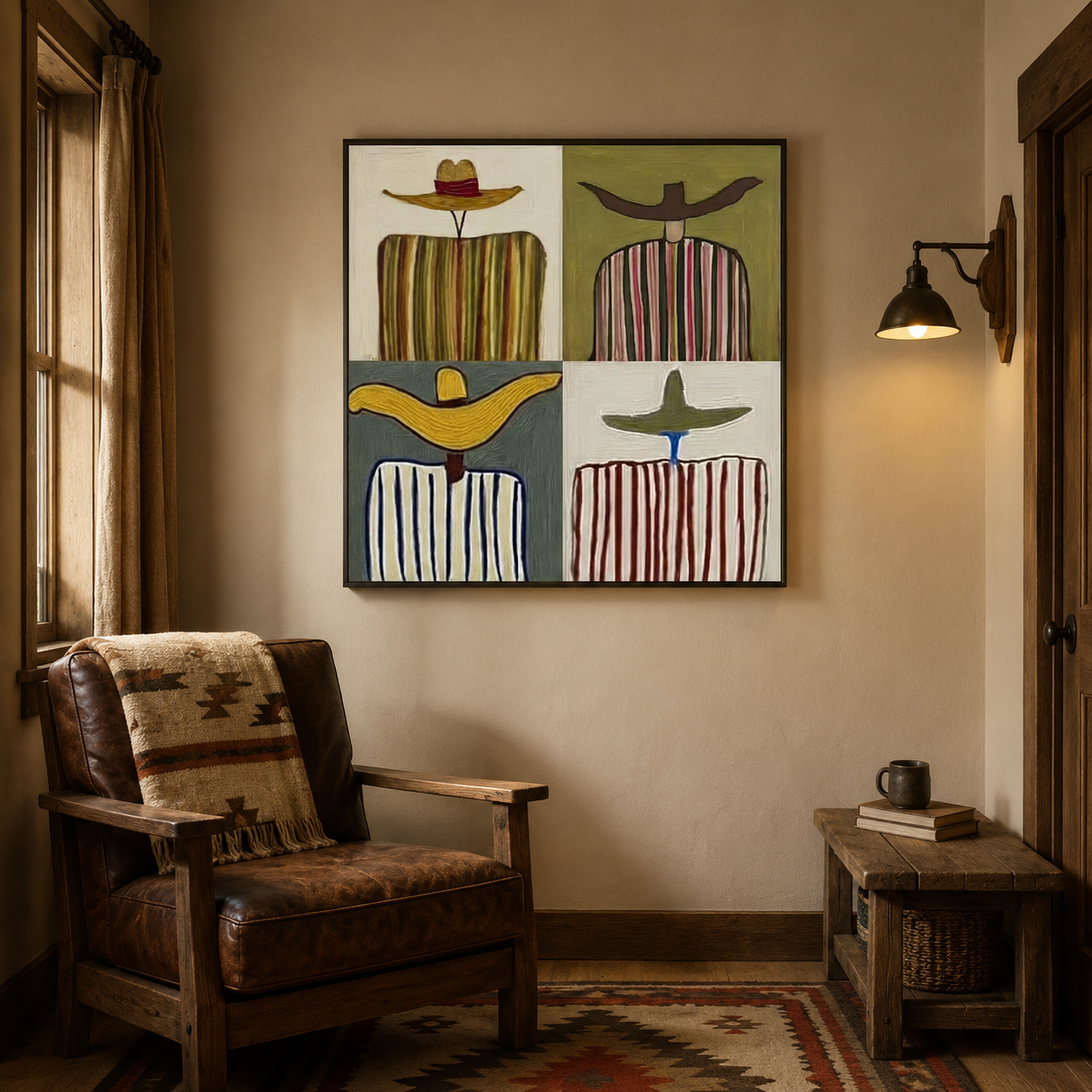 Southwestern Abstract Art With Sombreros For Modern Living Room Decor Original Oil Painting